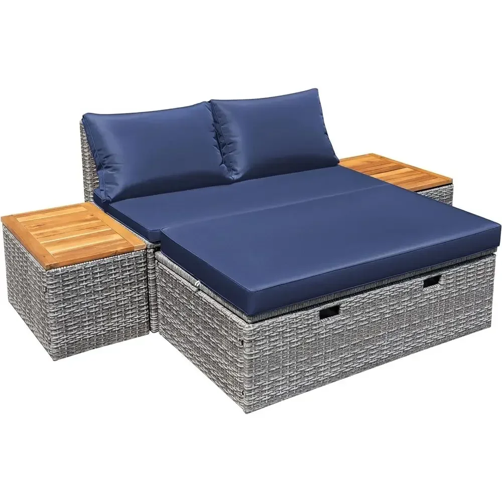 Navy Blue Outdoor Patio Daybed - Rattan Lounge Set ulasan dan harga