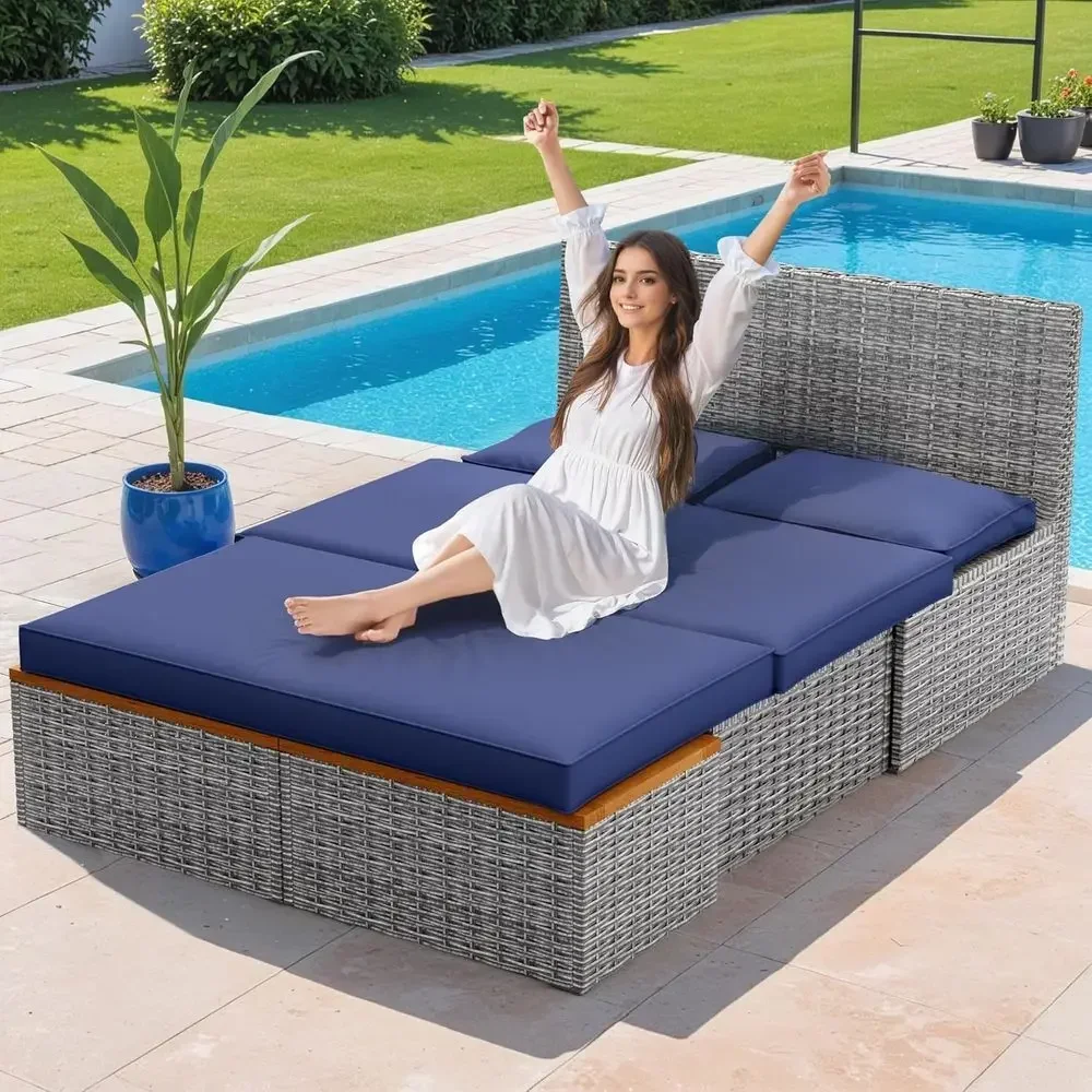 Navy Blue Outdoor Patio Daybed - Rattan Lounge Set ulasan dan harga