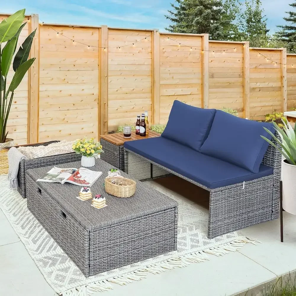 Navy Blue Outdoor Patio Daybed - Rattan Lounge Set ulasan dan harga
